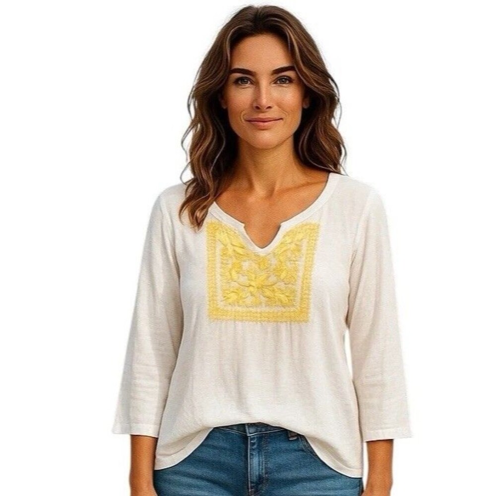 Miraclebody By Miraclesuit Knit Tunic Size L White Slimming Yellow Embroidery